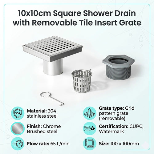 10 x 10cm Square Shower Drain with Grid Pattern Grate – Chrome Stainless Steel