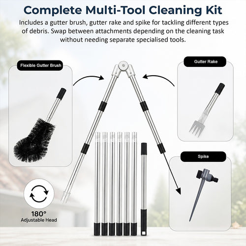 4M Telescopic Gutter Cleaning Tool Kit with Brush, Rake & Pole