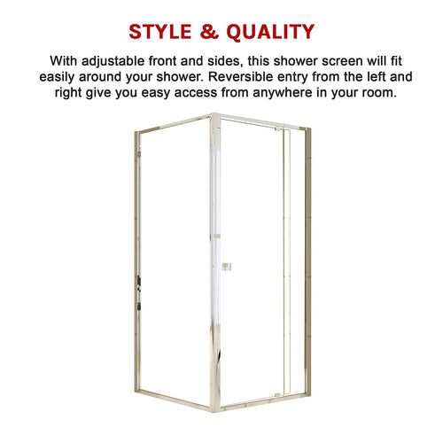Adjustable Semi Frameless Shower Screen Front: (82~90)x195cm with Gold Hardware and Side: (89~92)x195cm