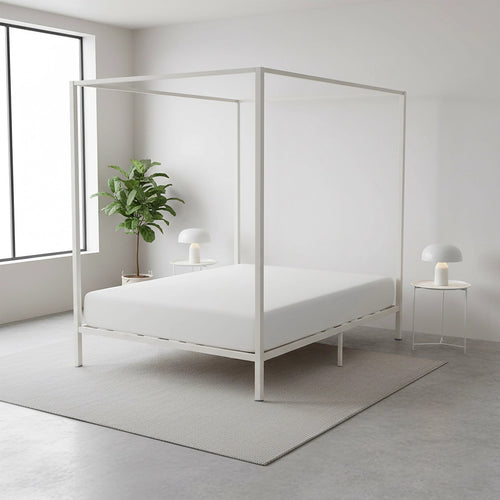 4-Poster Queen Bed Frame – Sturdy Cream Modern Canopy Bed for Bedroom
