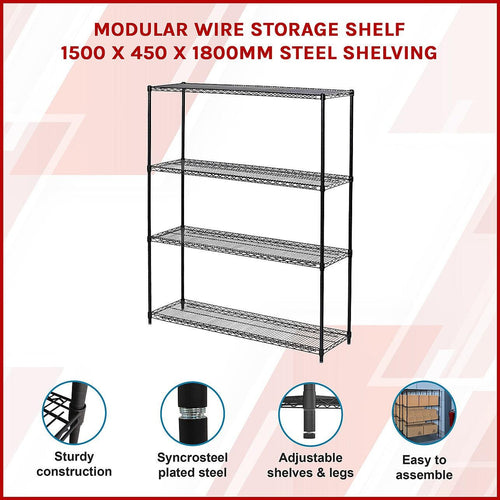 Modular Wire Storage Shelf 1500 x 450 x 1800mm Steel Shelving - Baking Black Technology