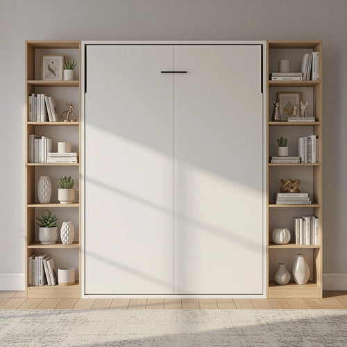 Double Wall Bed in White – Space Saving Murphy Bed Kit with Gold Door Handle