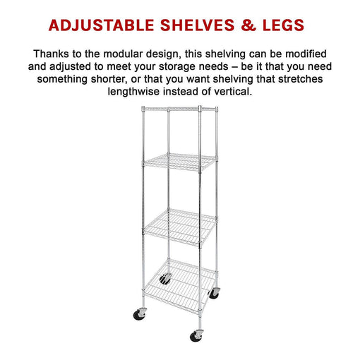 Modular Wire Storage Shelf 600 x 600 x 1800mm Steel Shelving - Carbon Chrome Plated with Wheels