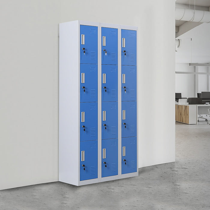12 Door Locker for Office, Gym, School & Home Storage in Grey with Blue Door - Standard Lock with 2 Keys