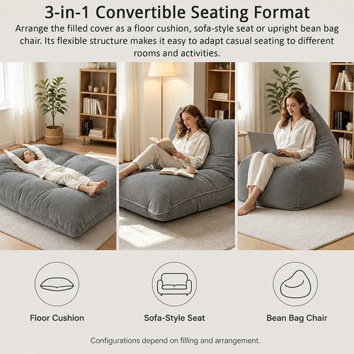 3 in 1 Bean Bag Cover No Filling Grey Corduroy 140 x 180cm