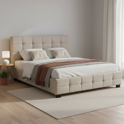 Queen Deluxe Beige Linen Fabric Upholstered Bed Frame with Headboard & Slats