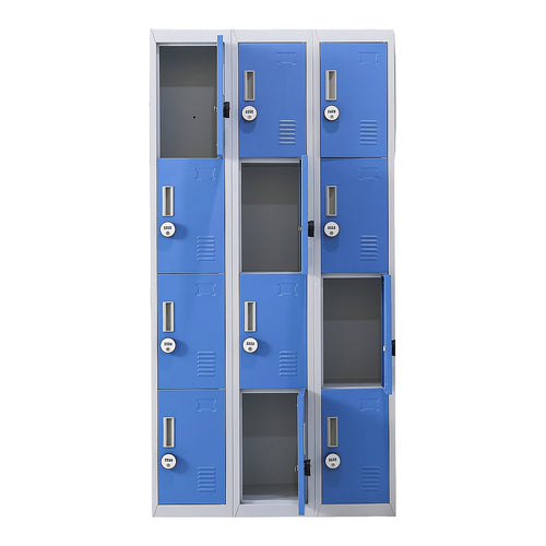 12-Door Steel Locker – Grey with Blue Door, 4-Digit Combination Lock