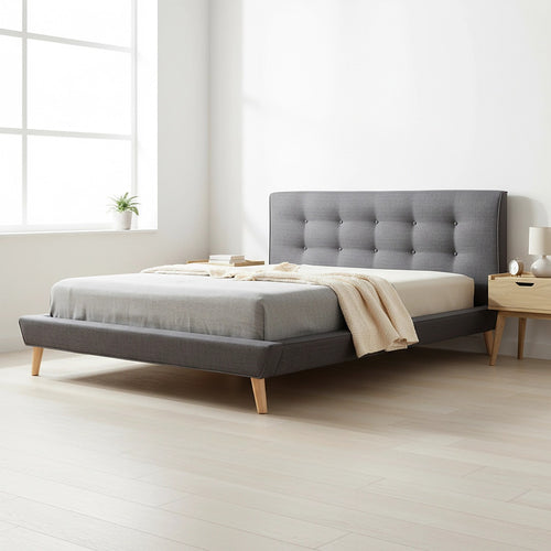 Queen Linen Fabric Bed with Button Tufted Headboard - Grey