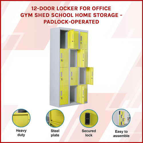 12-Door Locker – Grey with Yellow Door with Padlock-operated | Secure Storage for Office, Gym or School Use