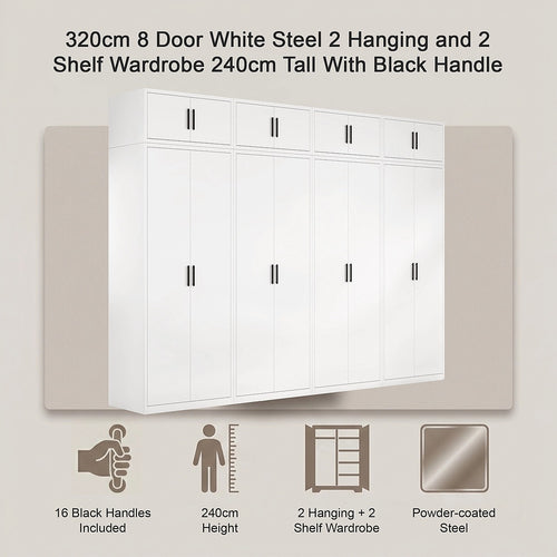 320x240cm 8-Door White Steel 2 Hanging and 2 Shelf Wardrobe with Black Handle Storage Cabinet