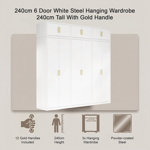 240x240cm 6-Door White Steel Hanging Wardrobe with Gold Handle Storage Cabinet