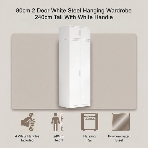 80x240cm 2-Door White Steel Hanging Wardrobe with White Handle Storage Cabinet
