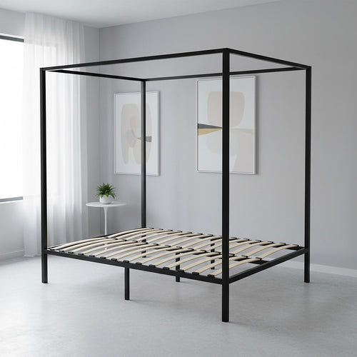 4-Poster Queen Bed Frame – Sturdy Black Modern Canopy Bed for Bedroom
