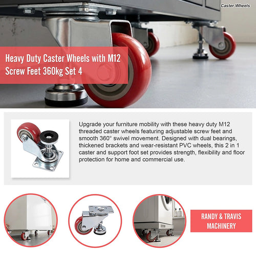 76mm Heavy Duty Swivel Caster Wheels with M12 Screw Feet – Set of 4