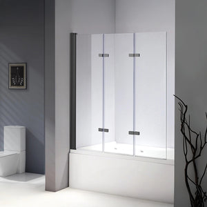 3 Fold Black Folding Bath Shower Screen Door Panel - 130 x 140cm
