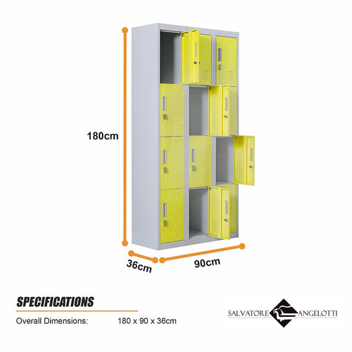 12-Door Steel Locker – Grey with Yellow Door, Padlock-operated