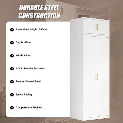 80x240cm 2-Door White Steel Shelf Wardrobe with Gold Handle Storage Cabinet