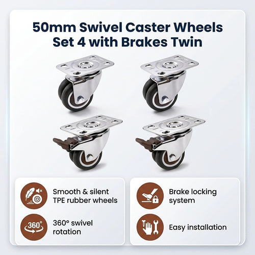 50mm Swivel Caster Wheels Set of 4 with Brakes Twin Wheel Design