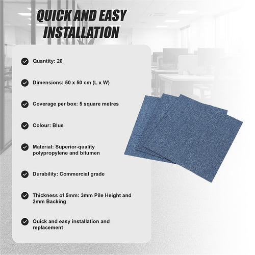 Premium Carpet Tiles in Blue – 5m² Pack for Home, Office & Commercial Flooring