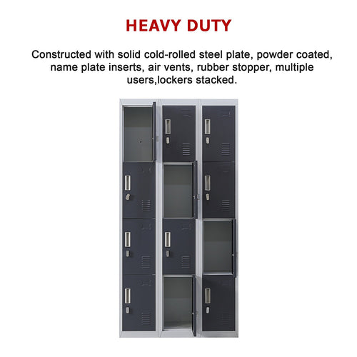 12-Door Locker – Grey with Charcoal Door with Padlock-operated | Secure Storage for Office, Gym or School Use