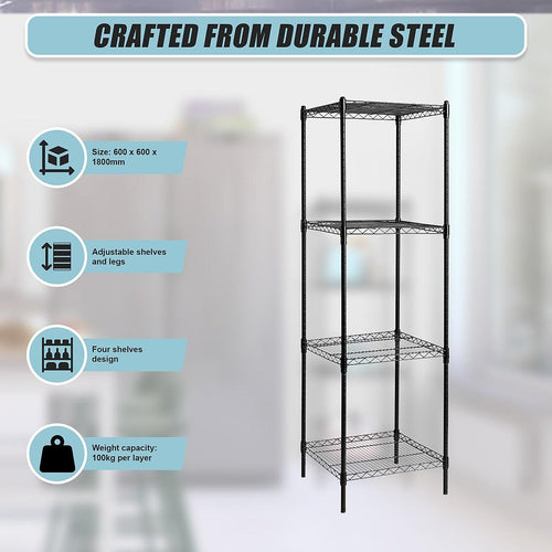 Modular Wire Storage Shelf 600 x 600 x 1800mm Steel Shelving - Baking Black Technology