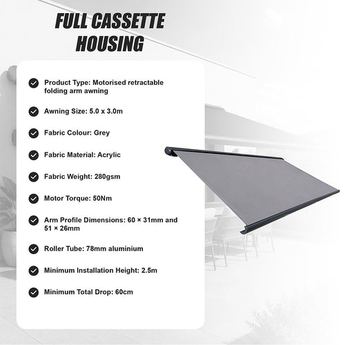 Motorised Folding Arm Awning 5x3m | Full Cassette Grey