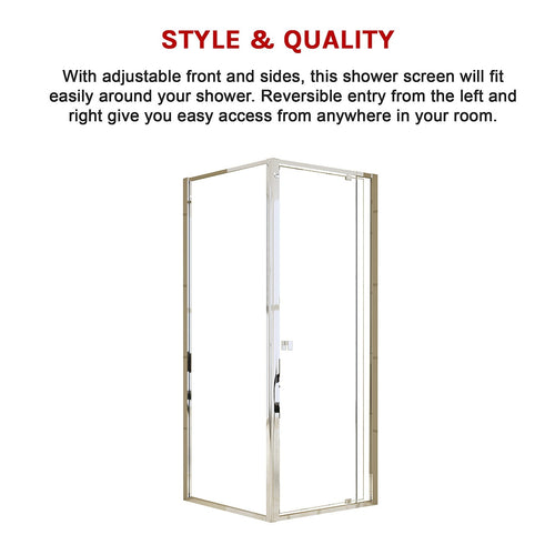 Adjustable Semi Frameless Shower Screen Front: (74~82)x195cm with Gold Hardware and Side: (77~80)x195cm