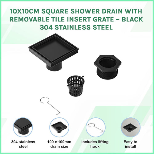 10 x 10cm Square Shower Drain with Tile Insert Grate – Matte Black Stainless Steel