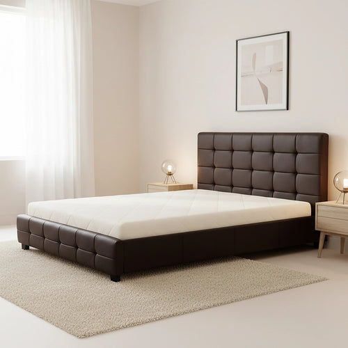 Double Deluxe Brown PU Leather Upholstered Bed Frame with Headboard & Slats