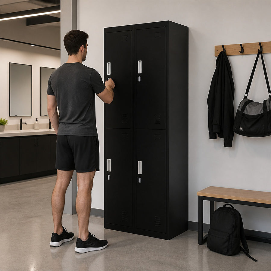 4-Door Metal Locker – 2x2 Layout, Black, Padlock-operated