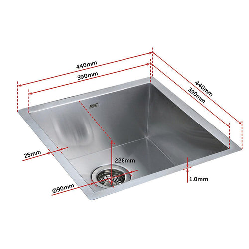 440x440mm Stainless Steel Handmade 1.0mm Sink with Waste in Stainless Steel Finish