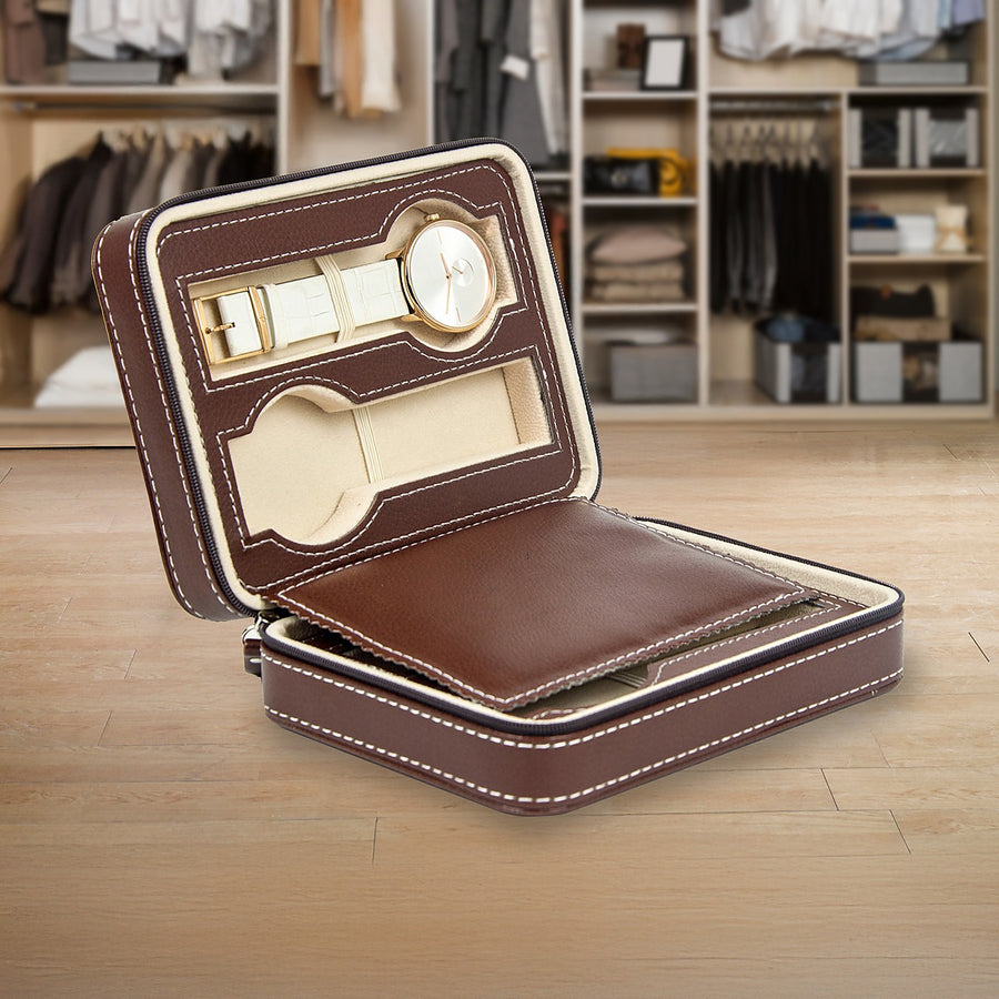 4-Watch Travel Case with PU Leather Exterior and Velvet Interior