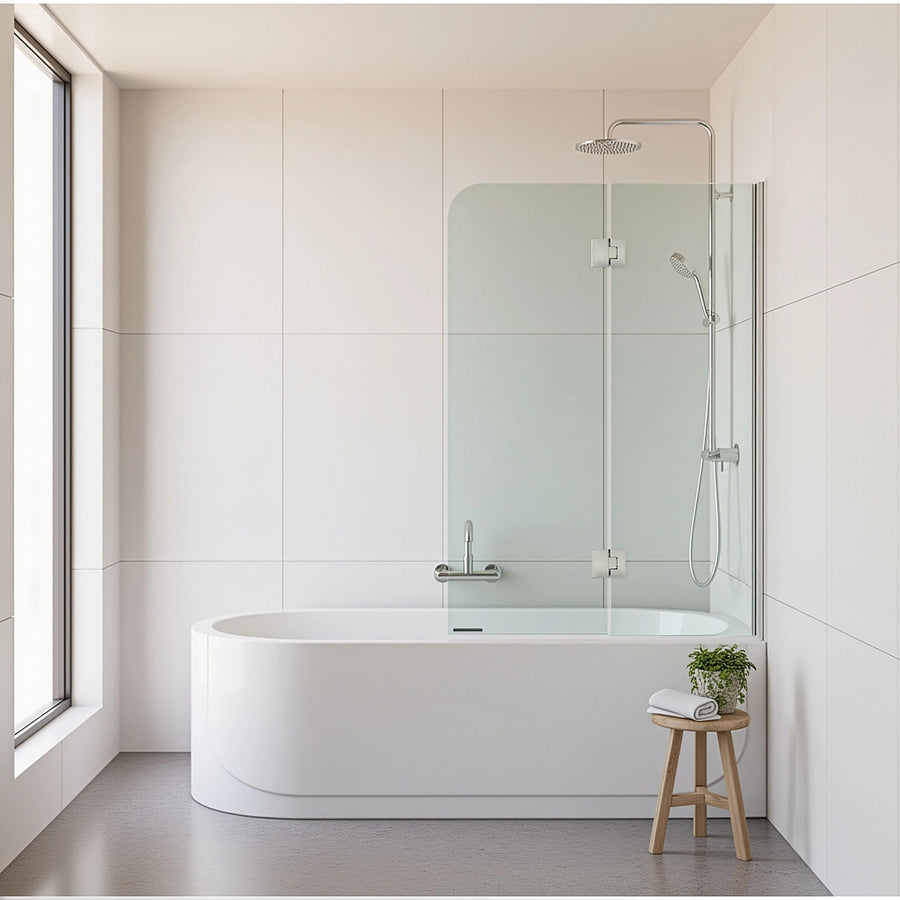 100cm Frameless Glass Bath Screen with Channel and Brass Hinges - Chrome