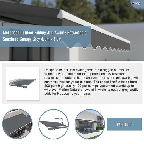 Automatic Retractable Awning 4x3m - Grey Outdoor Wall Sunshade