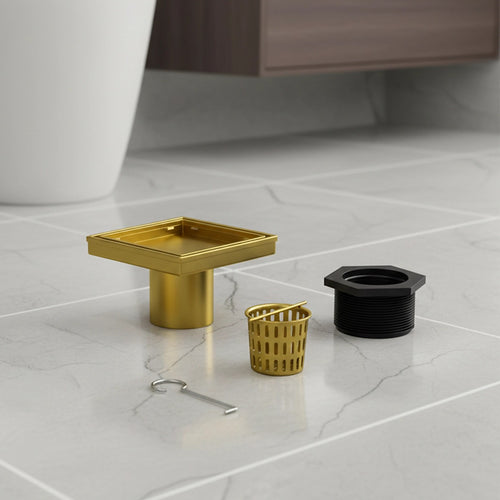 15 x 15cm Square Shower Drain with Tile Insert Grate – Gold Stainless Steel