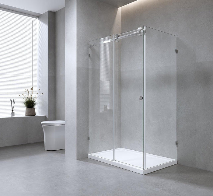 150x80cm Frameless Glass Sliding Corner Shower with White Rail and Hardware