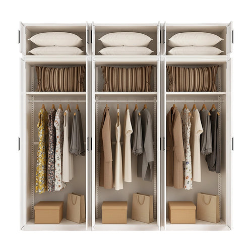 240x240cm 6-Door White Steel Hanging Wardrobe with Black Handle Storage Cabinet