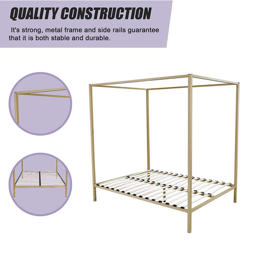 4 Four Poster Queen Bed Frame - Gold