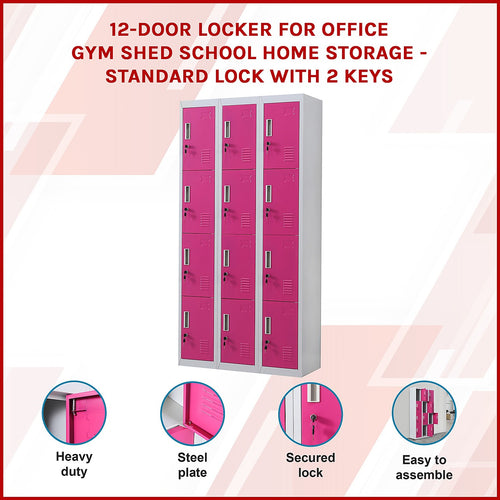 12-Door Locker – Grey with Pink Door with Standard Lock with 2 Keys | Secure Storage for Office, Gym or School Use