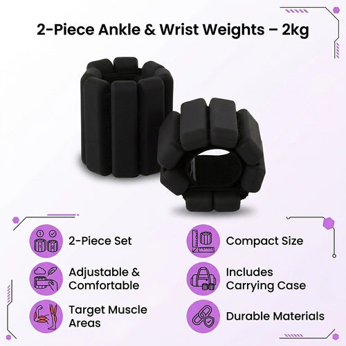 2-Piece Ankle & Wrist Weights – 2kg Pair Adjustable Workout Bangles Black for Fitness Training