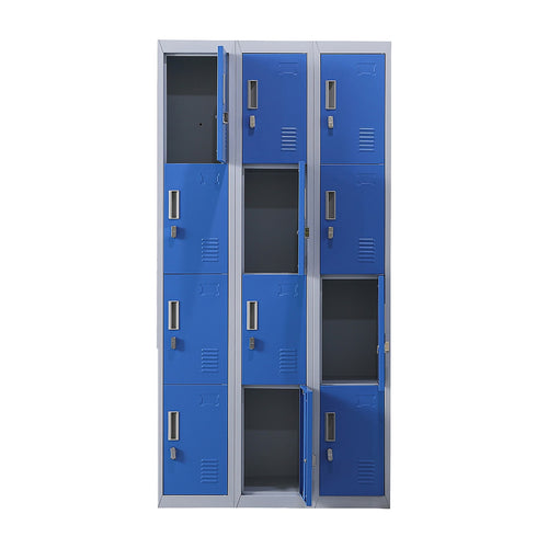 12-Door Steel Locker – Grey with Blue Door, Padlock-operated