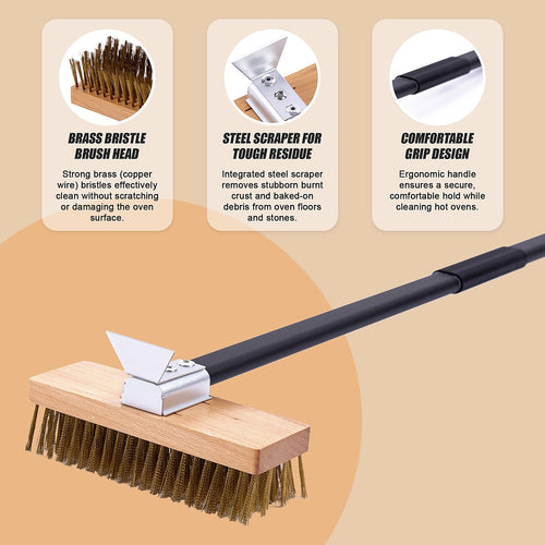 80cm Heavy Duty Pizza Oven Brush with Steel Scraper Cleaner
