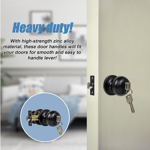 Door Handle Set Lever Key Lock Function Round Black