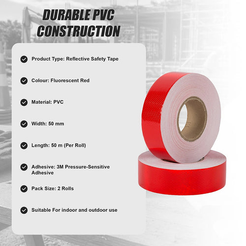 Hi Vis Reflective Tape 2 Pack 50mm x 50m 3M Adhesive Red