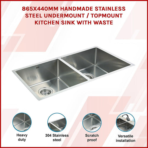 1.0mm Handmade Double Stainless Steel Sink with Waste - 865x440mm