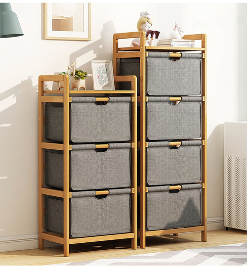 Bamboo Storage Shelf with Three-Set Rack Removable Laundry Bags & Organiser Shelves
