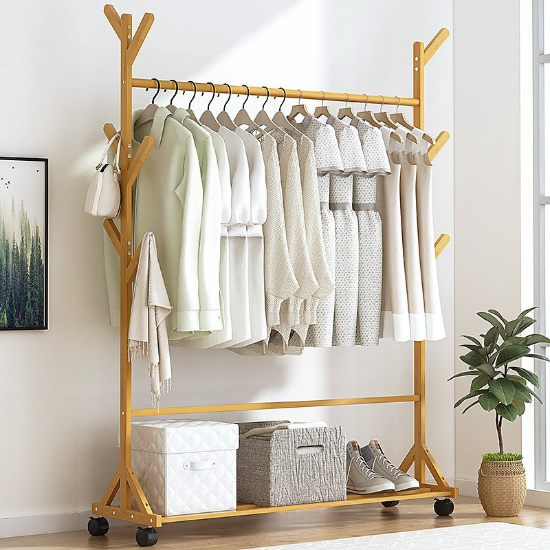 Portable Clothes Rack Coat & Garment Stand – Bamboo Rail Hanger Closet Airer in Wood