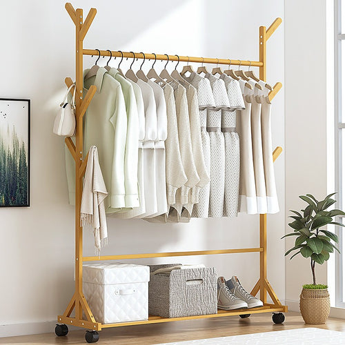 Portable Clothes Rack Coat & Garment Stand – Bamboo Rail Hanger Closet Airer in Wood