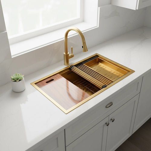 32" Workstation Kitchen Sink – Single Bowl Design with Nano Finish in Gold with sand-finish
