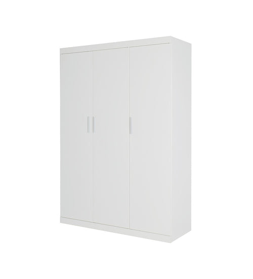 3 Door White Wardrobe – White Handles, Hanging Rail & Shelves